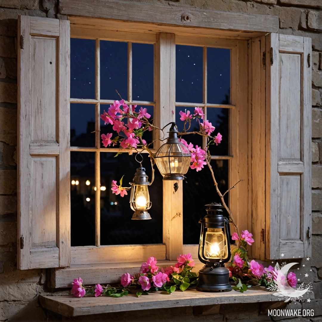 A shabby wooden window with shutters, a kerosene lamp hanging above, and a branch of pink flowers curving around it at night.