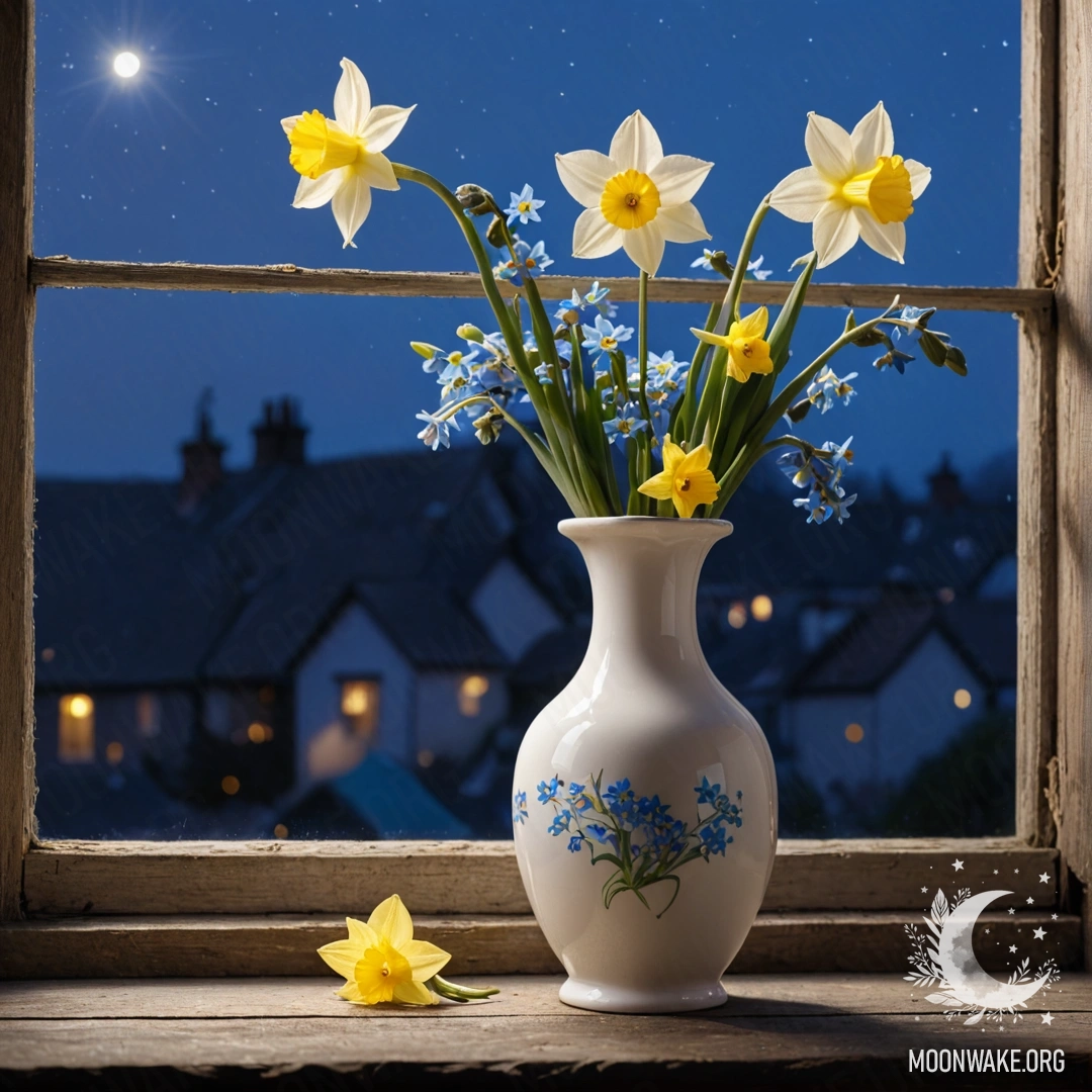 A weathered wooden window sill adorned with a white porcelain vase containing daffodils and forget-me-nots at night.