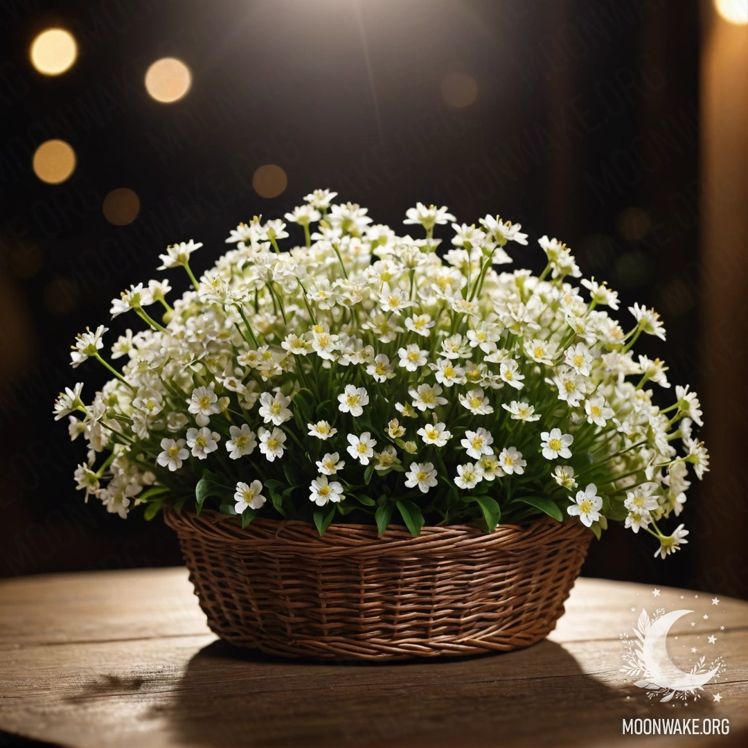 A basket filled with small white flowers placed on a wooden table, illuminated by soft sunlight during the night.