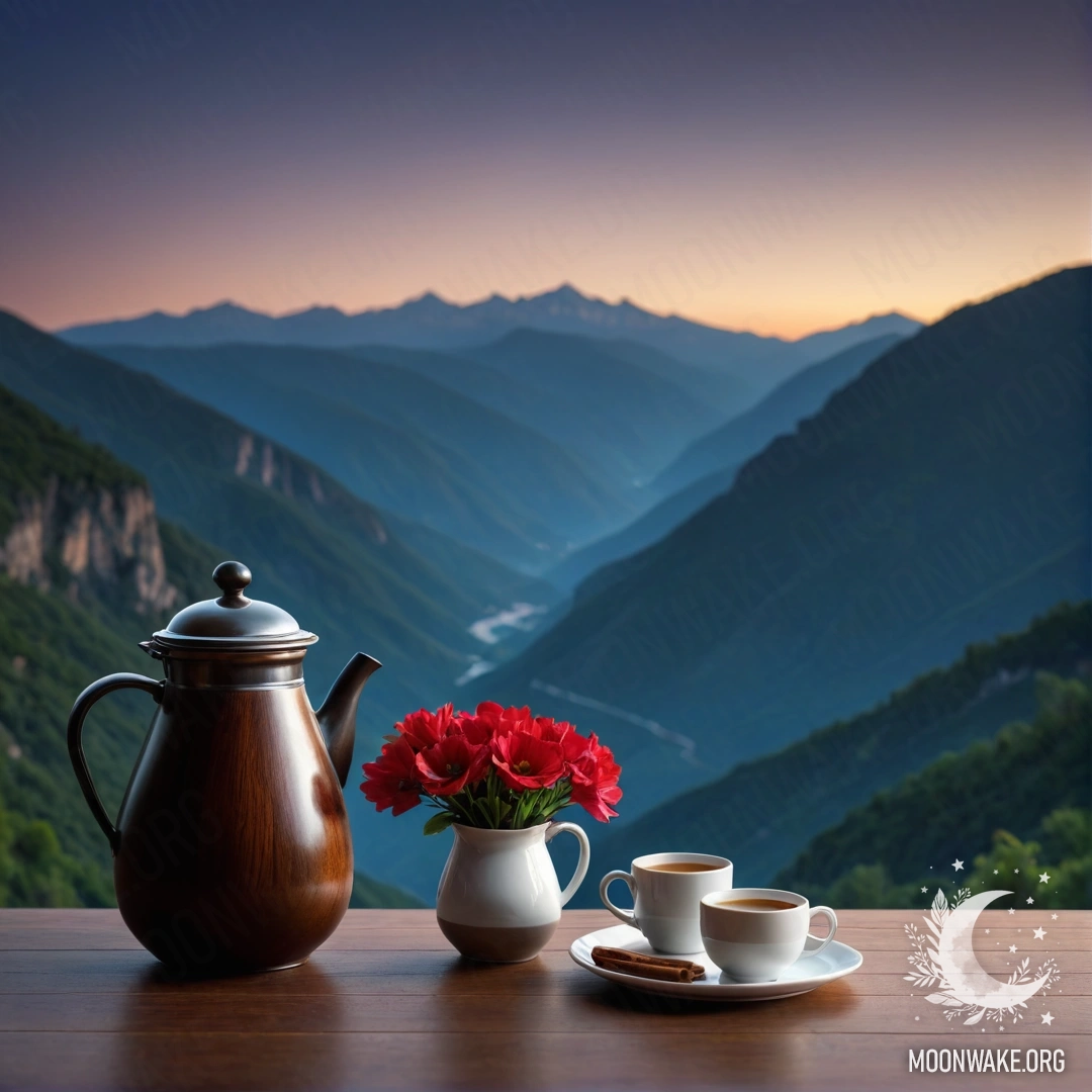 A minimalist wooden table at night with a jar of red flowers, a coffee pot, and cups, set against a mountain backdrop.