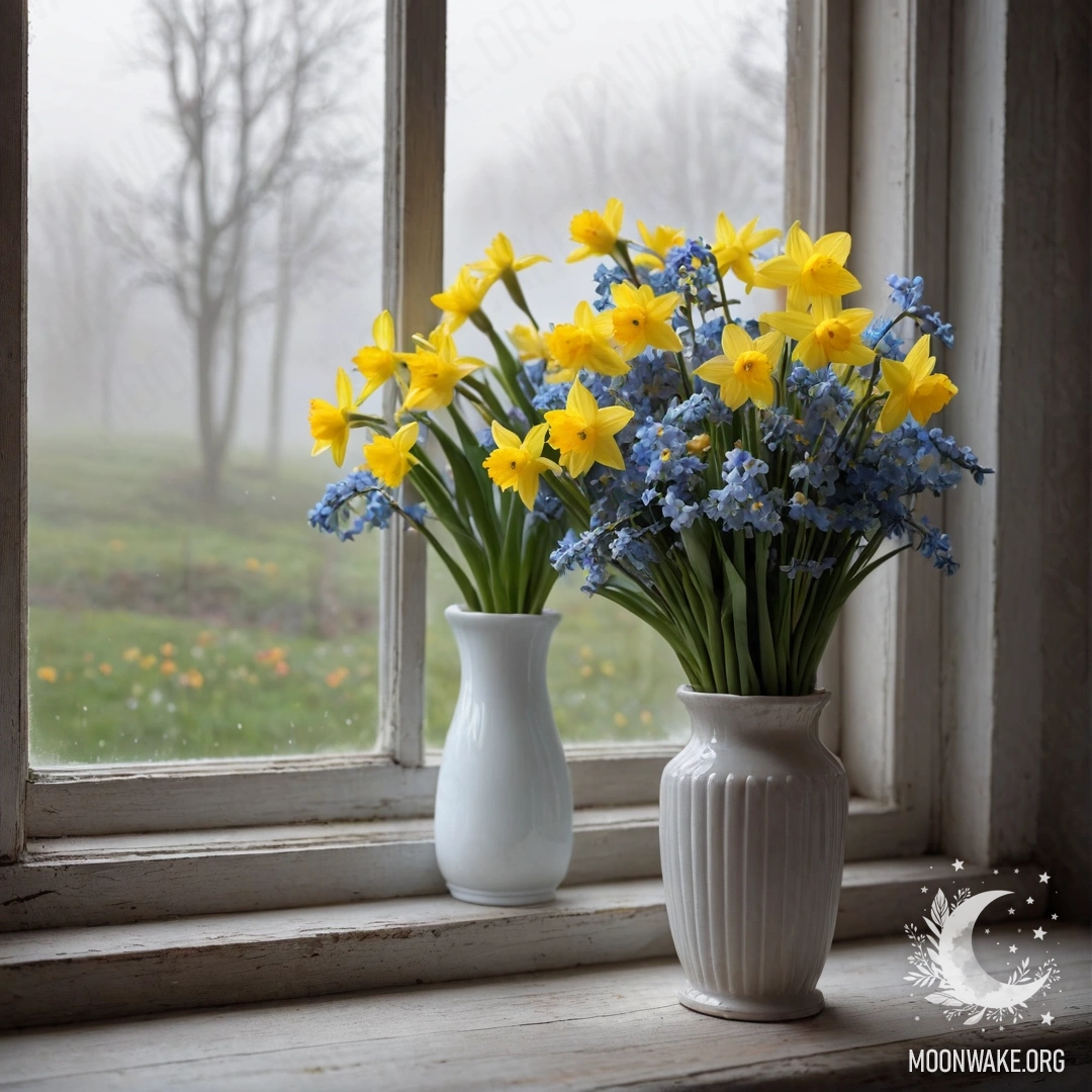 Serene Old Window Sill with Flowers An old, shabby wooden window sill adorned with a white porcelain vase filled with daffodils and forget-me-nots, set against a backdrop of dense mist.