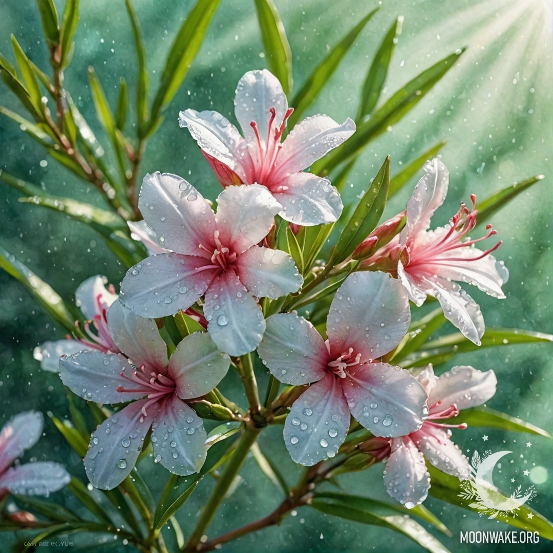 A serene oleander plant adorned with dew drops, illuminated by sunlight.