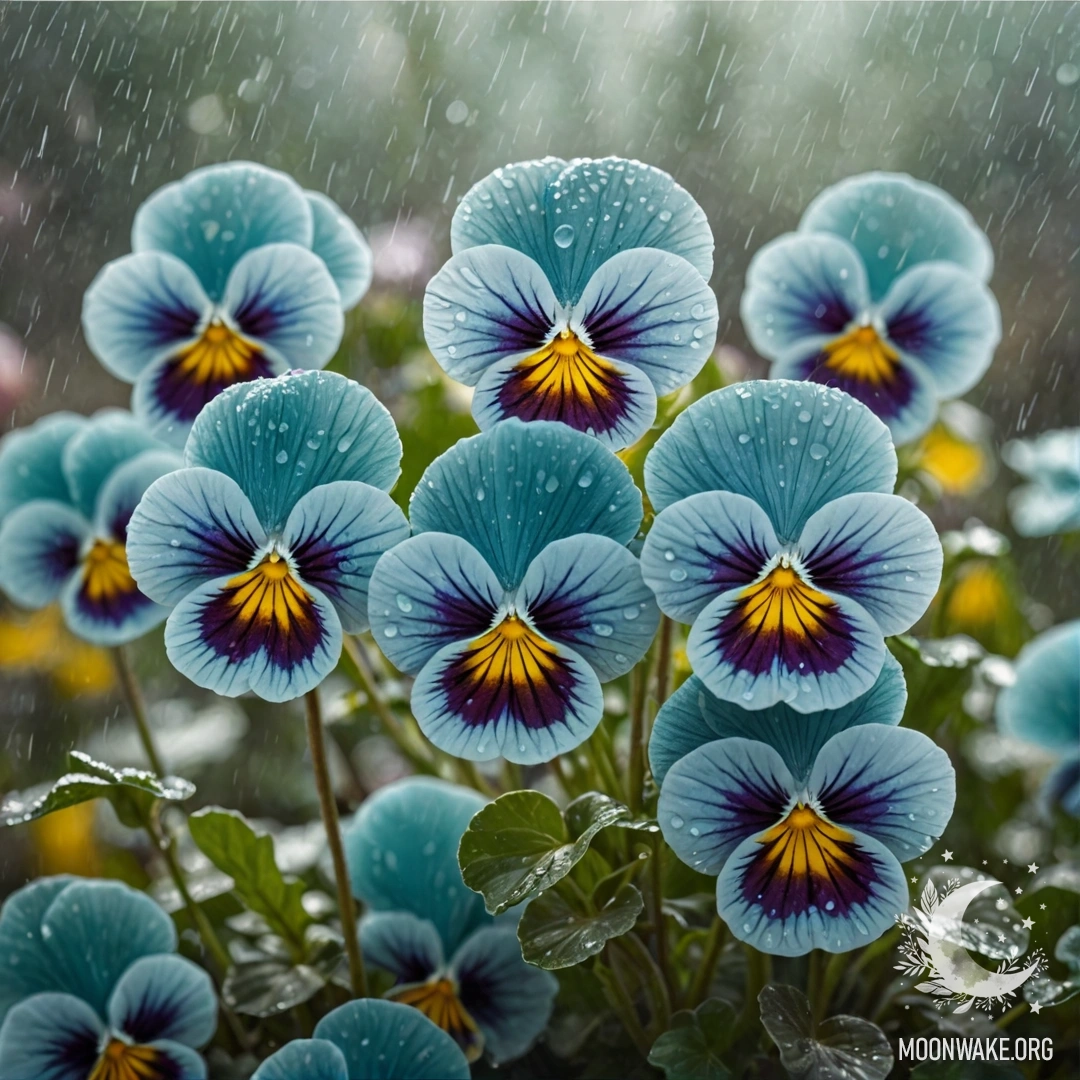 A beautiful scene of aquamarine pansies in the mist, gently rain-soaked, illuminated by patterns of sunny rays.
