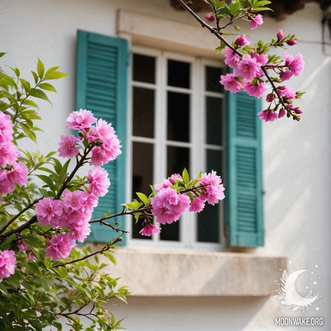 A delicate branch with pink flowers against a white wall with windows and shutters.