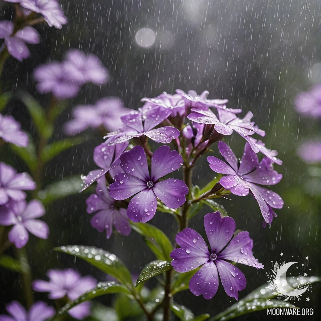 Serene Purple Phlox in Misty Rain A cluster of purple phlox flowers surrounded by mist and raindrops.