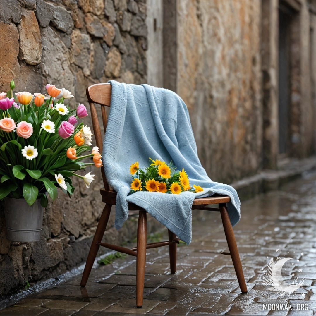 A cozy chair with a blanket and a bouquet of flowers sits against a shabby wall in the rain.