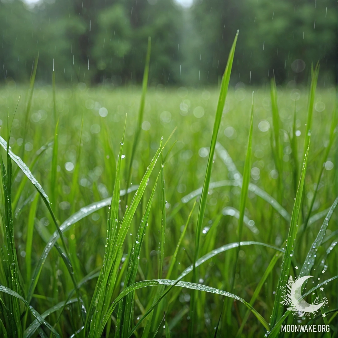 Close-up of grass in a field with a blurred forest background, raining.