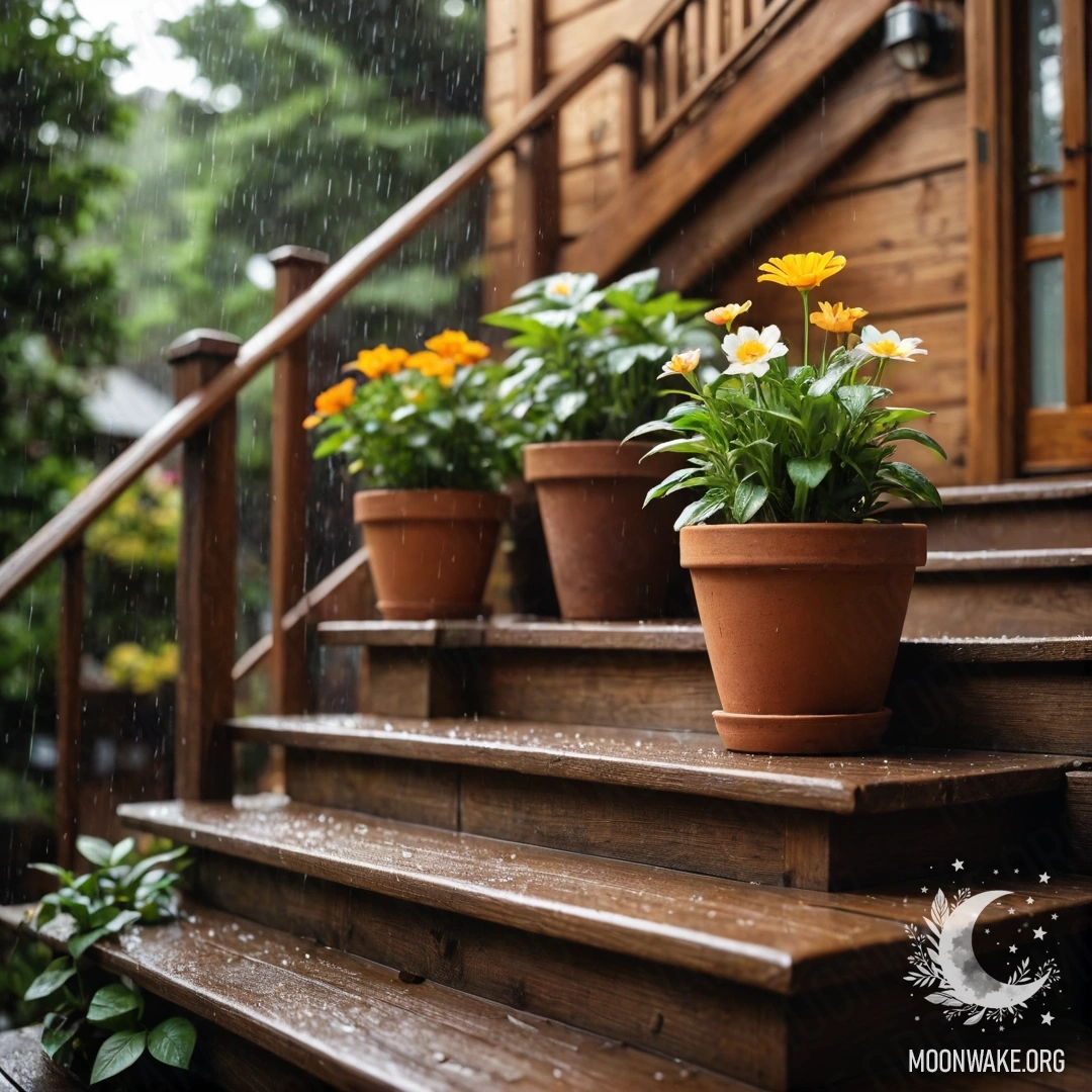 A wooden staircase with flowerpots underneath the rain.