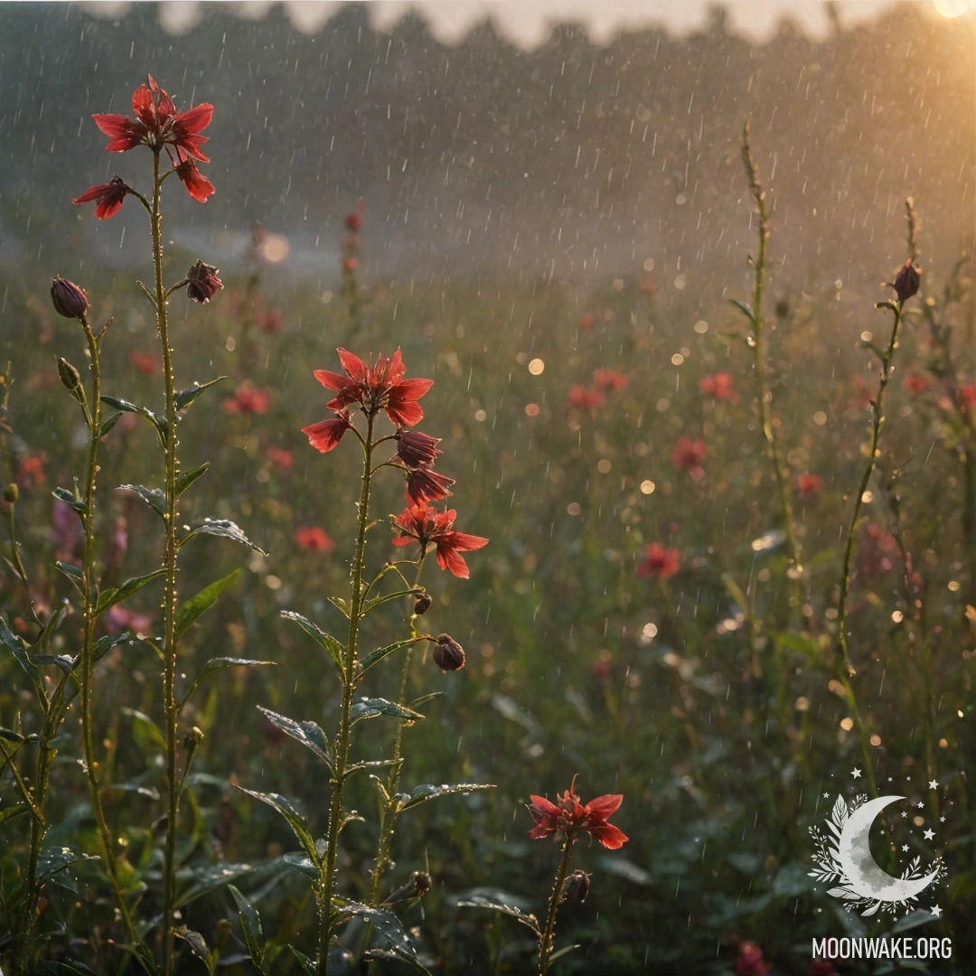 Serene Red Wildflowers in Misty Rain at Sunset A tranquil scene of red wildflowers surrounded by mist and rain at sunset, evoking a calm and romantic atmosphere.
