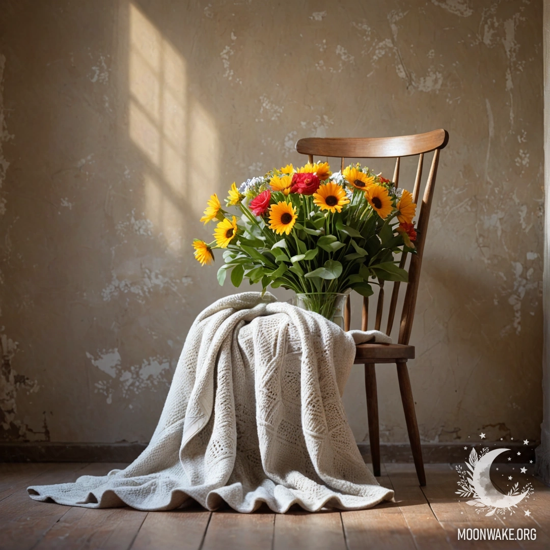 A tranquil chair with a blanket and a bouquet of flowers resting on it against a shabby wall.