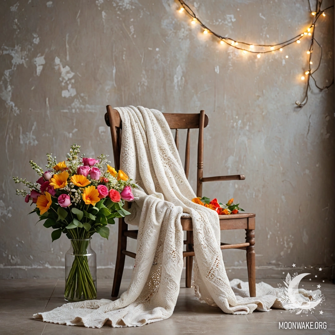 An abstract composition featuring a chair against a shabby wall, a blanket on the chair, and a bouquet of flowers illuminated by garland lights.