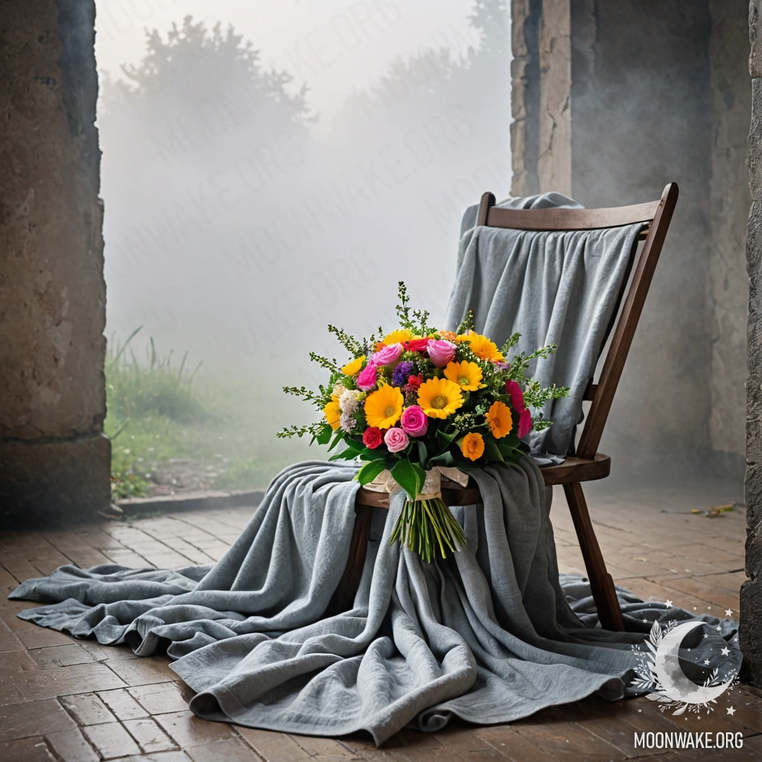 A still life featuring a chair with a blanket and a bouquet of flowers on it, set against a shabby wall in dense fog.