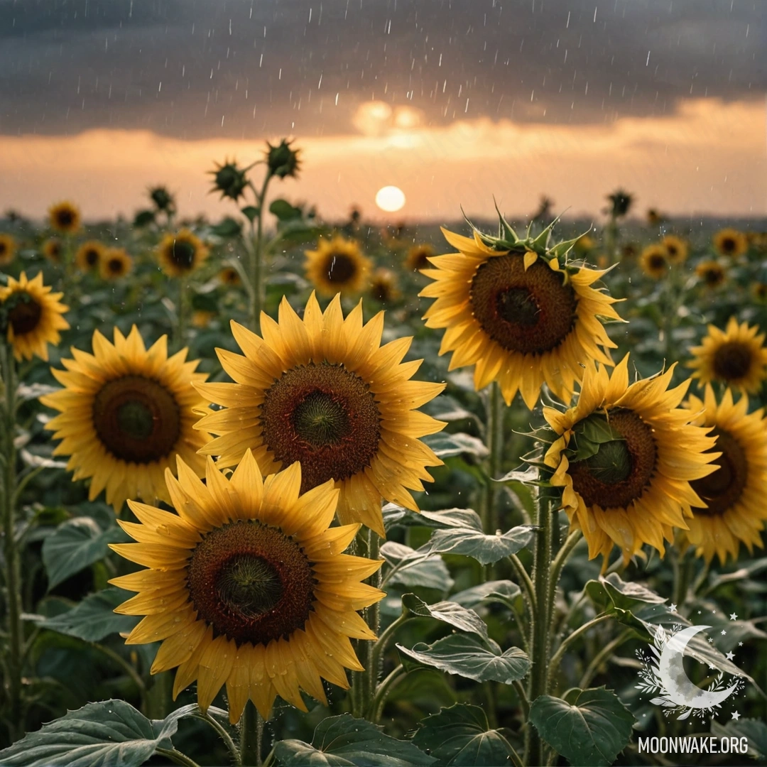Calm sunflowers drenched in rain against a backdrop of a golden sunset.