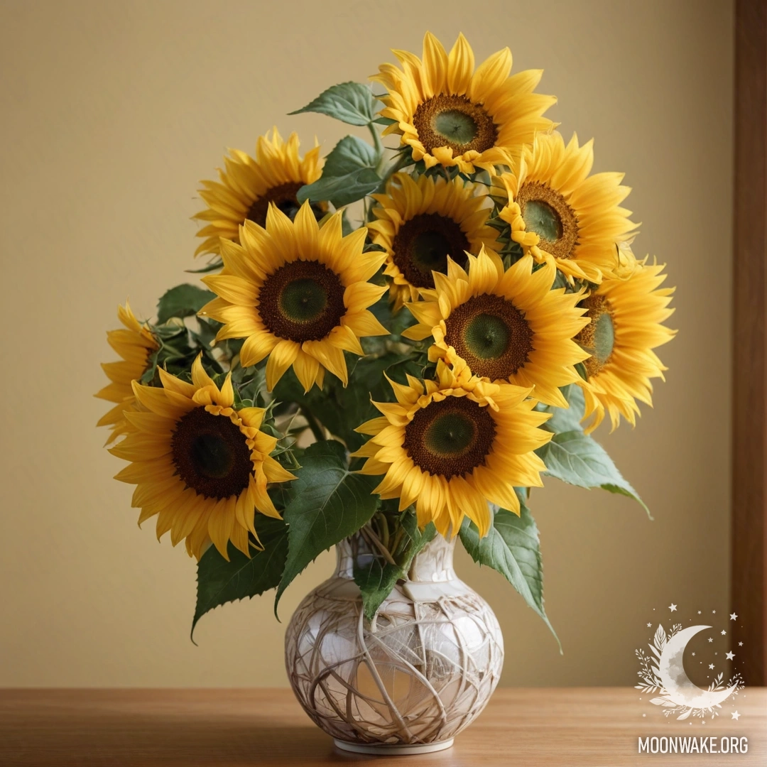 A vase of yellow sunflowers with a delicate web
