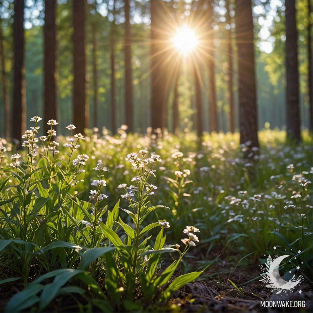 Serene Sunlit Flower Field A close-up view of delightful flowers in a peaceful field, with blurred trees and sunlight filtering through the leaves.
