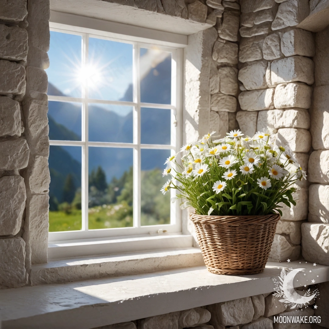 Serene Sunlit Window with Daisies A serene scene featuring a white stone wall and an open window with a basket of daisies on the windowsill, illuminated by sunlight.