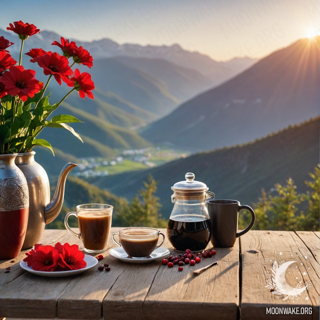 A photorealistic depiction of a wooden table set against majestic mountains, featuring a jar of red flowers, a coffee pot, and cups during sunset.