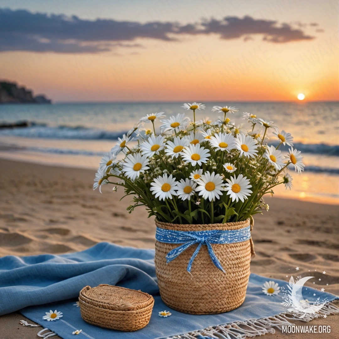 A serene sandy beach at sunset with a straw bag, blue tablecloth, and bouquet of daisies against the sea with garland lights.