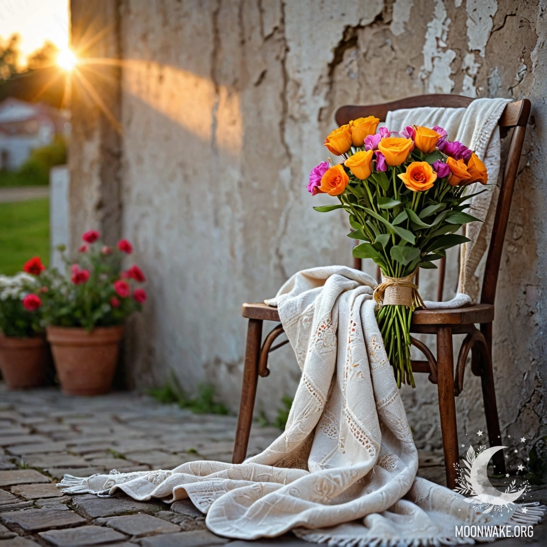 An abstract image of a chair with a blanket and a bouquet of flowers against a shabby wall during sunset.