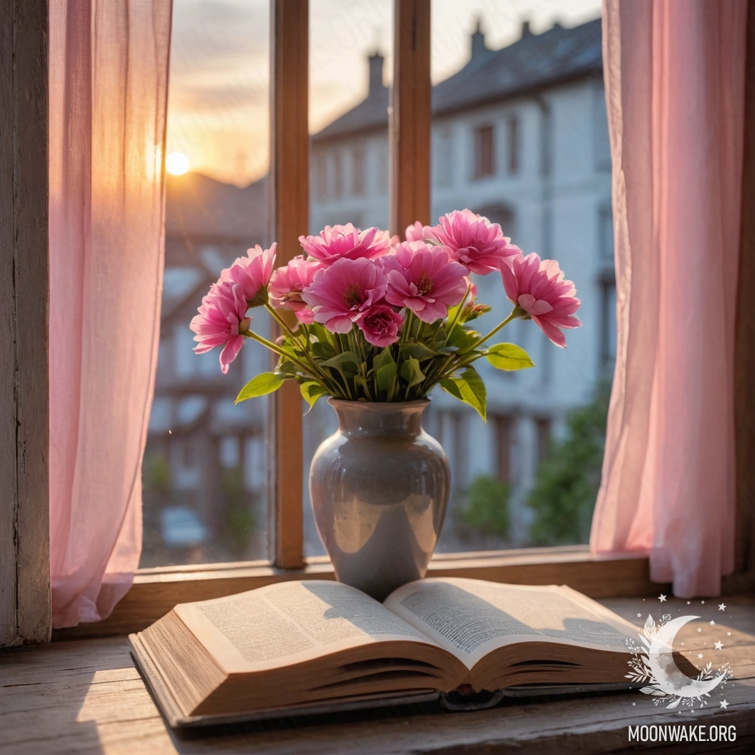 An old shabby book rests on a wooden window sill, next to a gray vase with pink flowers and pink curtains, bathed in golden sunset light.