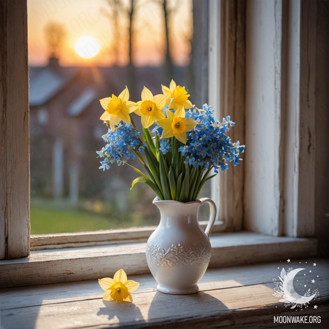 A weathered wooden window sill with a white porcelain vase filled with daffodils and forget-me-nots, illuminated by the warm glow of sunset.