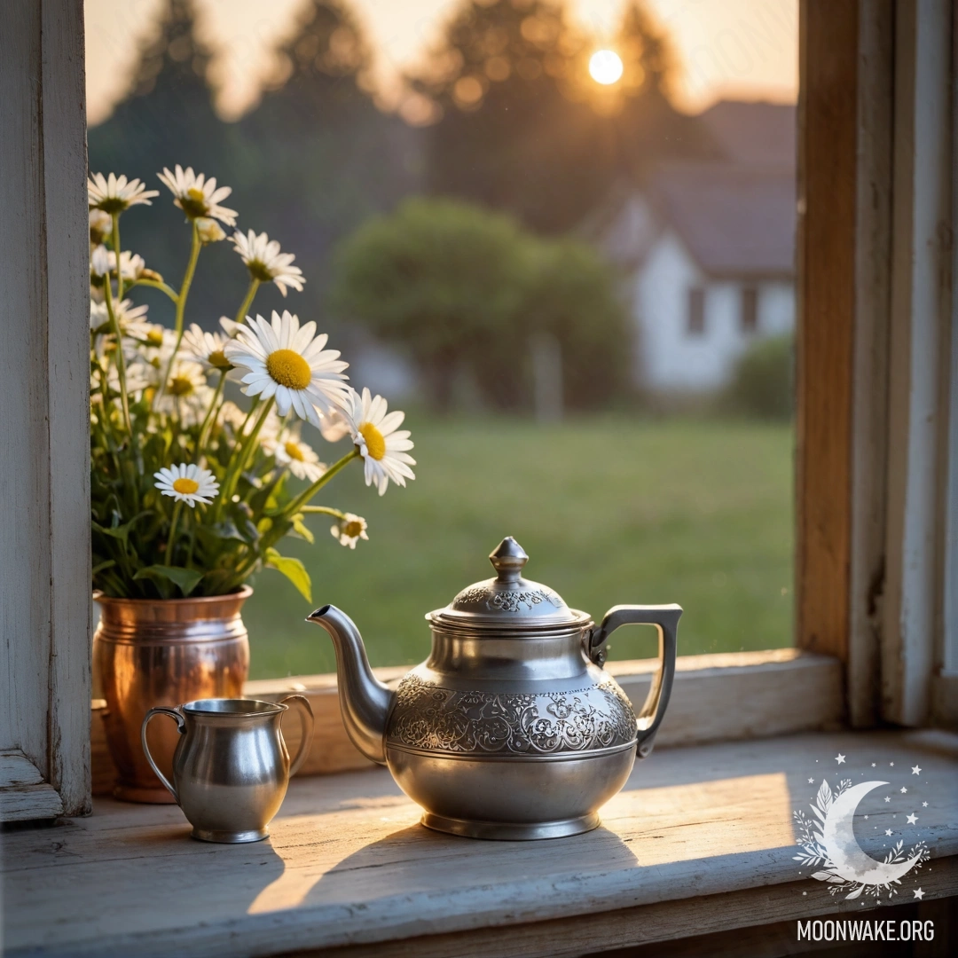 A weathered wooden window sill with a metal teapot and daisies inside against a sunset backdrop.