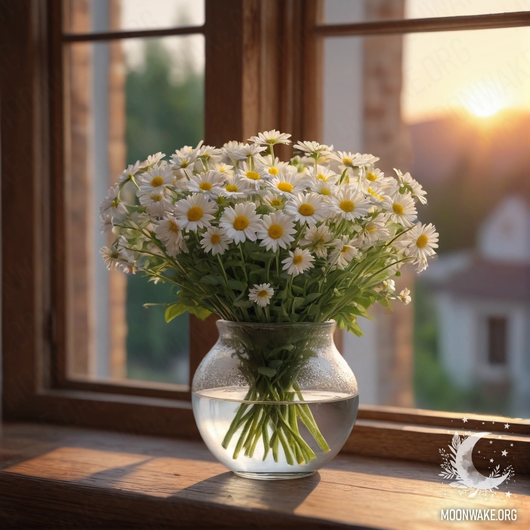 Serene Sunset with Daisies in a Vintage Vase A glass vase filled with daisies on a wooden windowsill during sunset.