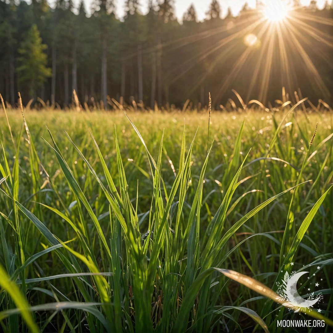 Close-up of grass in a peaceful field with a blurred forest background and sun rays at sunset.