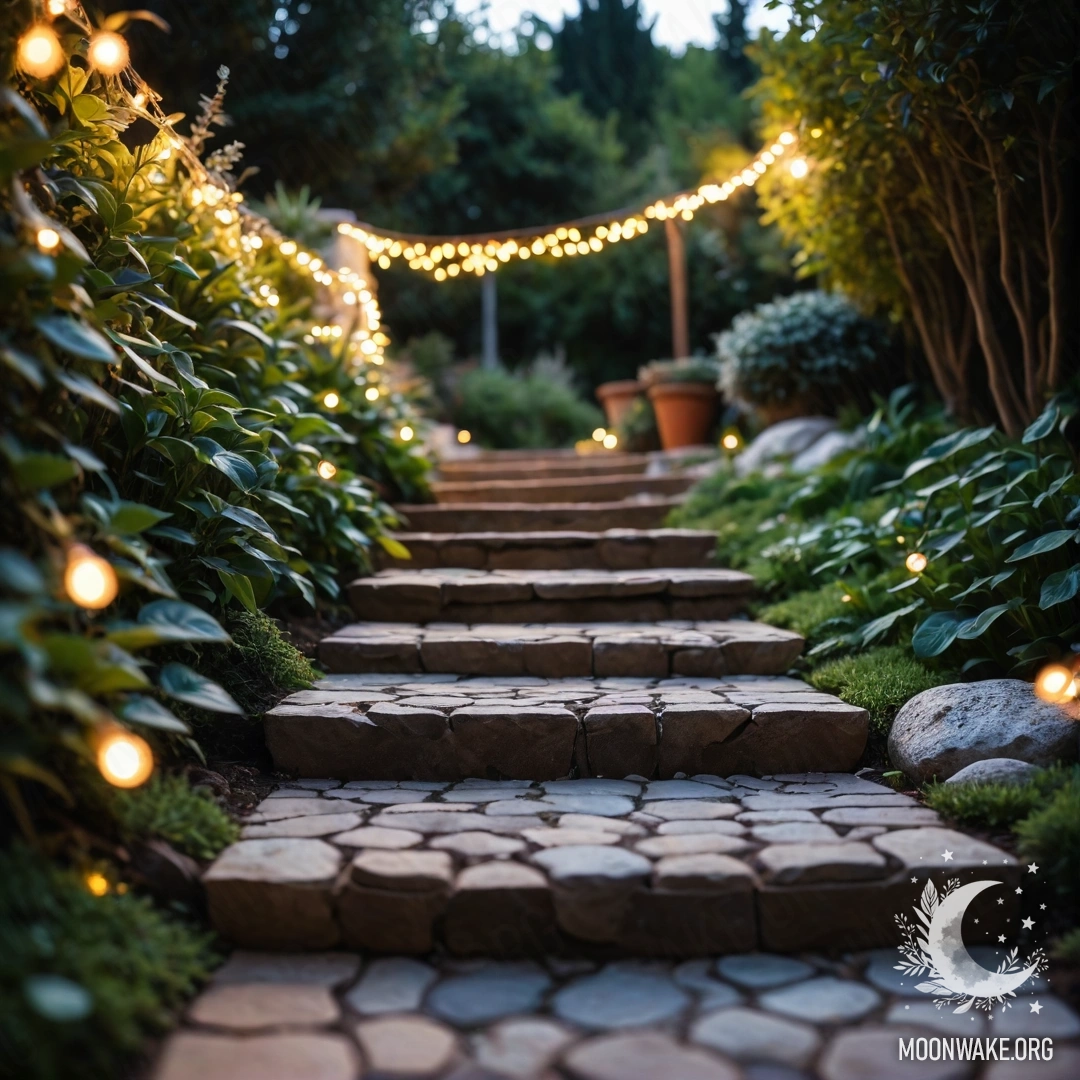 Serene Sunset Garden Path A garden path lined with stones leading to a wooden staircase, illuminated by light garlands during sunset.