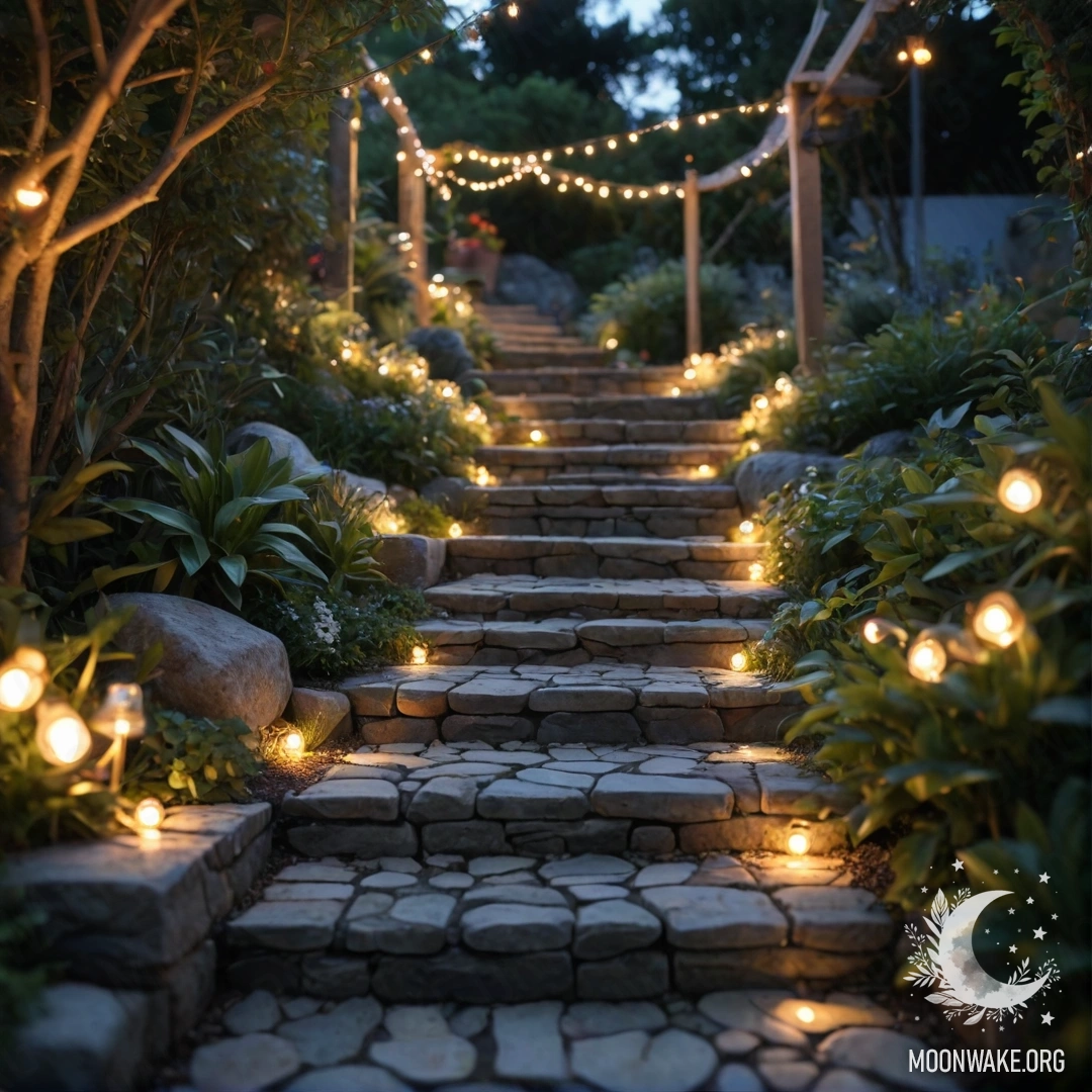 A peaceful garden at sunset adorned with light garlands and a wooden staircase.