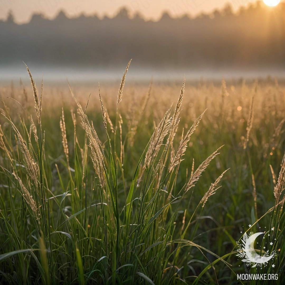 Close-up of grass in a foggy field at sunset with a bokeh effect.