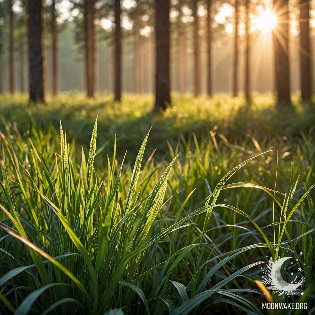 Serene Sunset in a Tranquil Field Close-up of grass in a peaceful field illuminated by sun rays with a blurred forest background during sunset.
