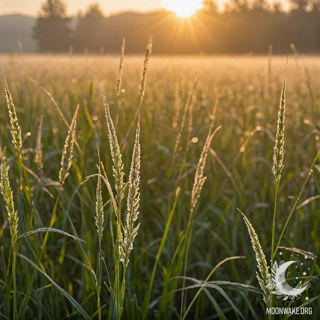 Serene Sunset in Bokeh Field Close-up of beautiful grass in a foggy field during sunset with bokeh effect.