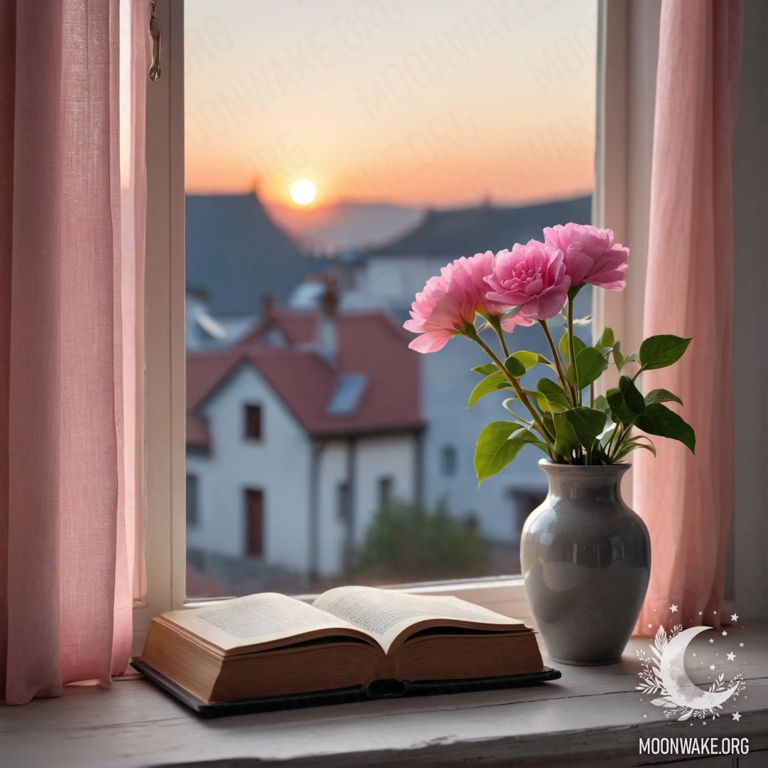 A wooden window sill adorned with an old book and a vase of pink flowers, draped with a delicate pink curtain against the backdrop of a sunset.