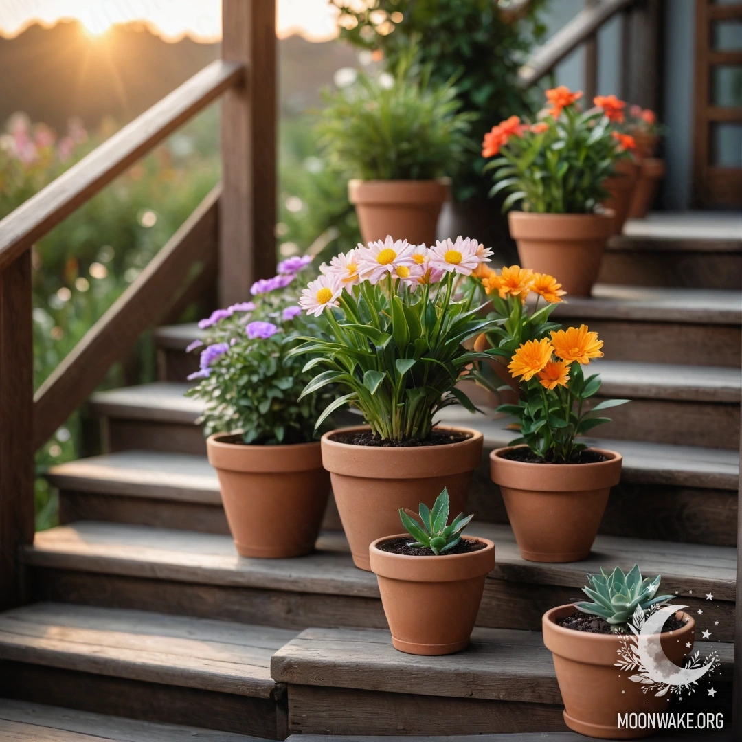A serene scene featuring flowerpots on a wooden staircase during sunset.