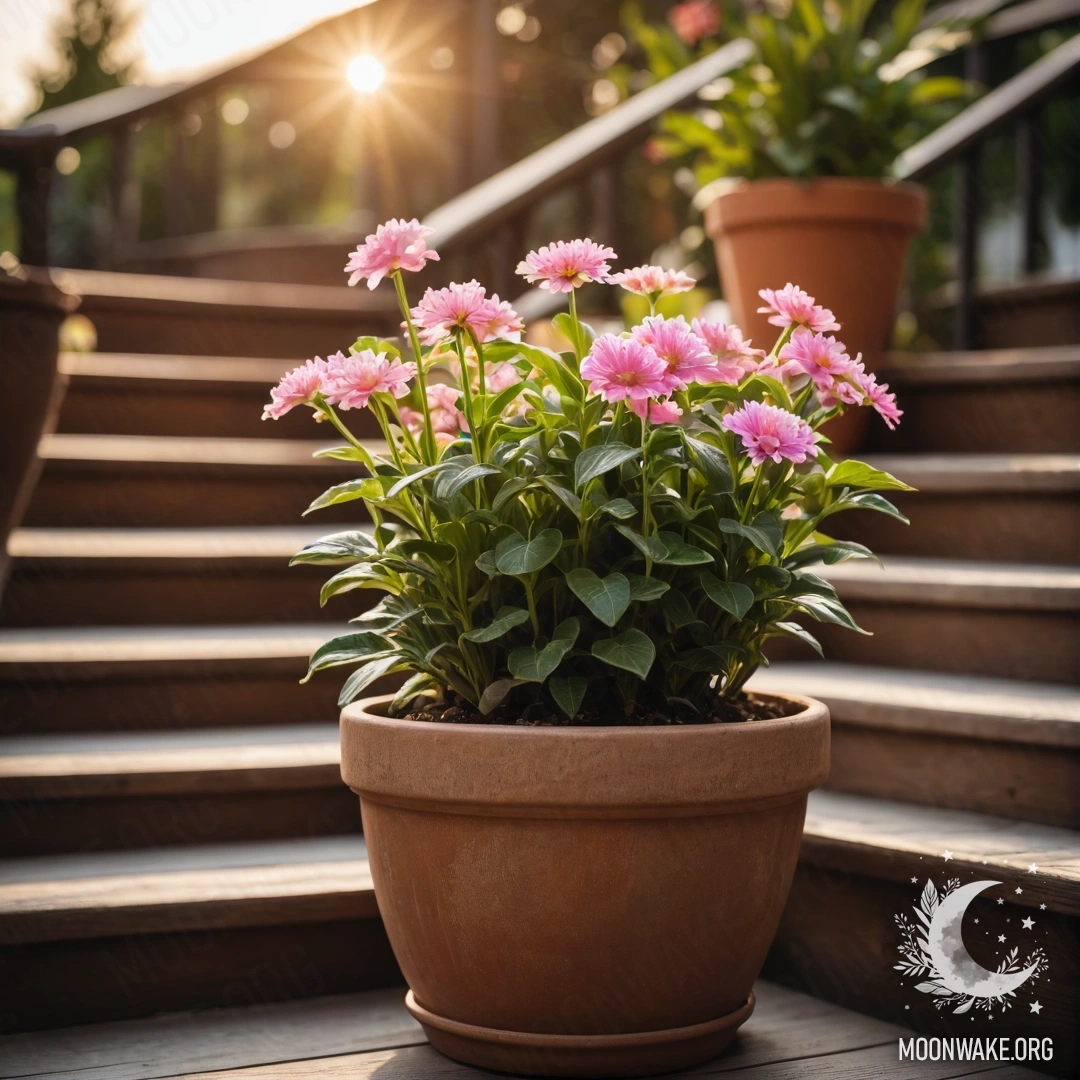 A wooden staircase adorned with flowerpots at sunset.