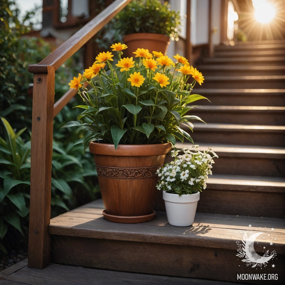 A serene wooden staircase adorned with flowerpots at sunset.