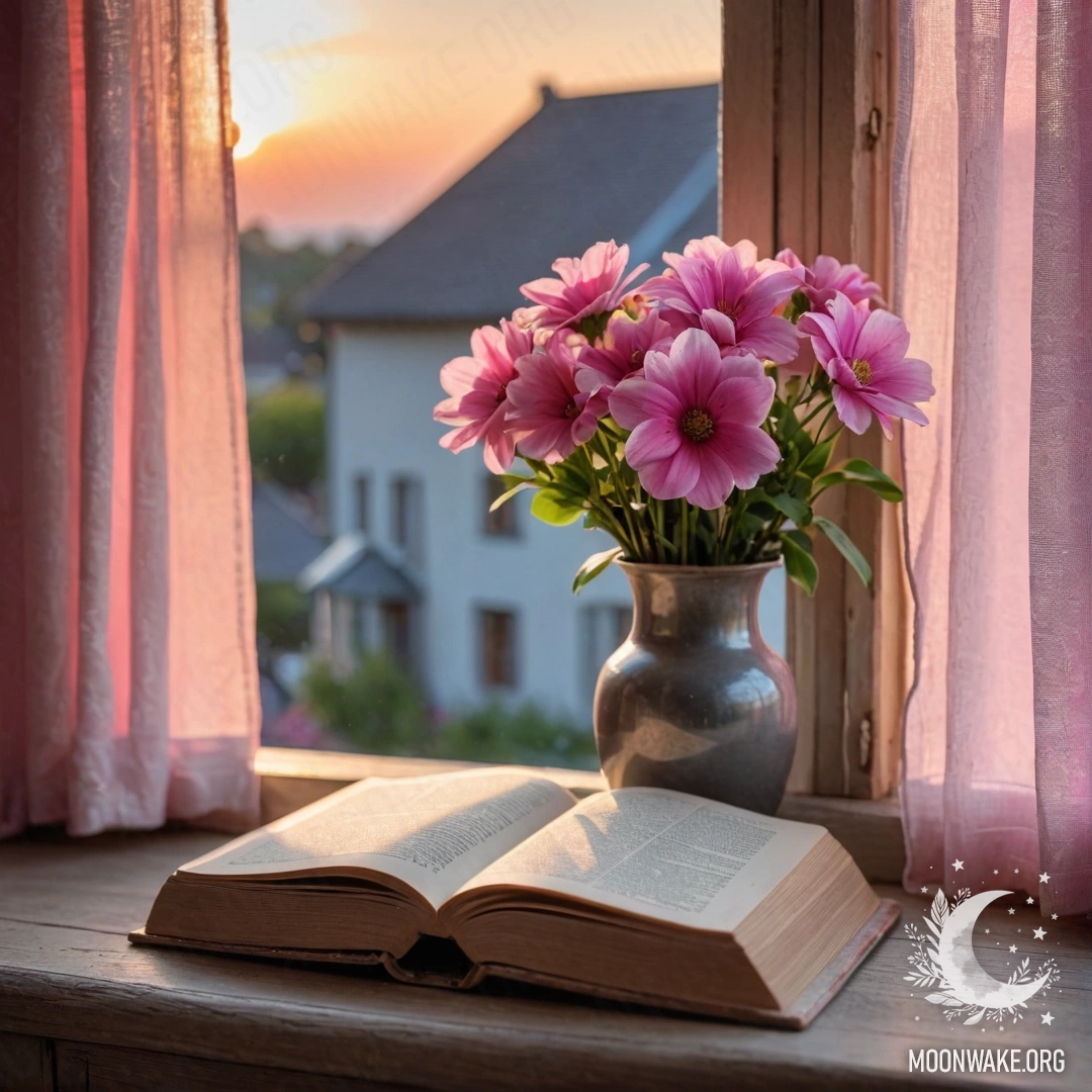 A wooden window sill with an old shabby book, a gray vase with pink flowers, and a pink curtain illuminated by the sunset.