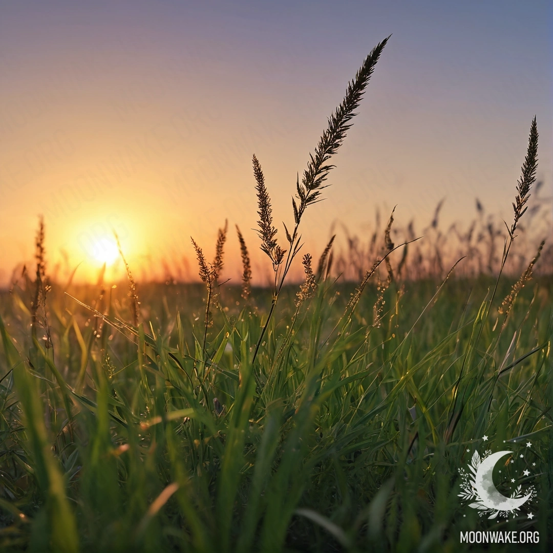 Close-up view of grass in a peaceful field with a bokeh sunset sky
