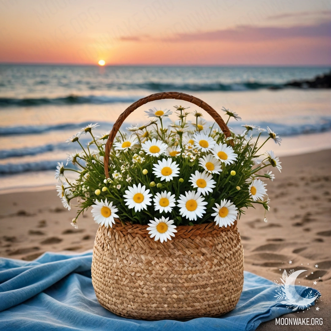 A straw bag on a sandy beach at sunset, containing a blue tablecloth and a bouquet of daisies.