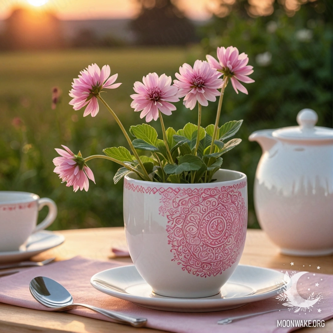 A round straw napkin with white porcelain cups decorated with a pink pattern and a white vase holding clover, set against a sunset.