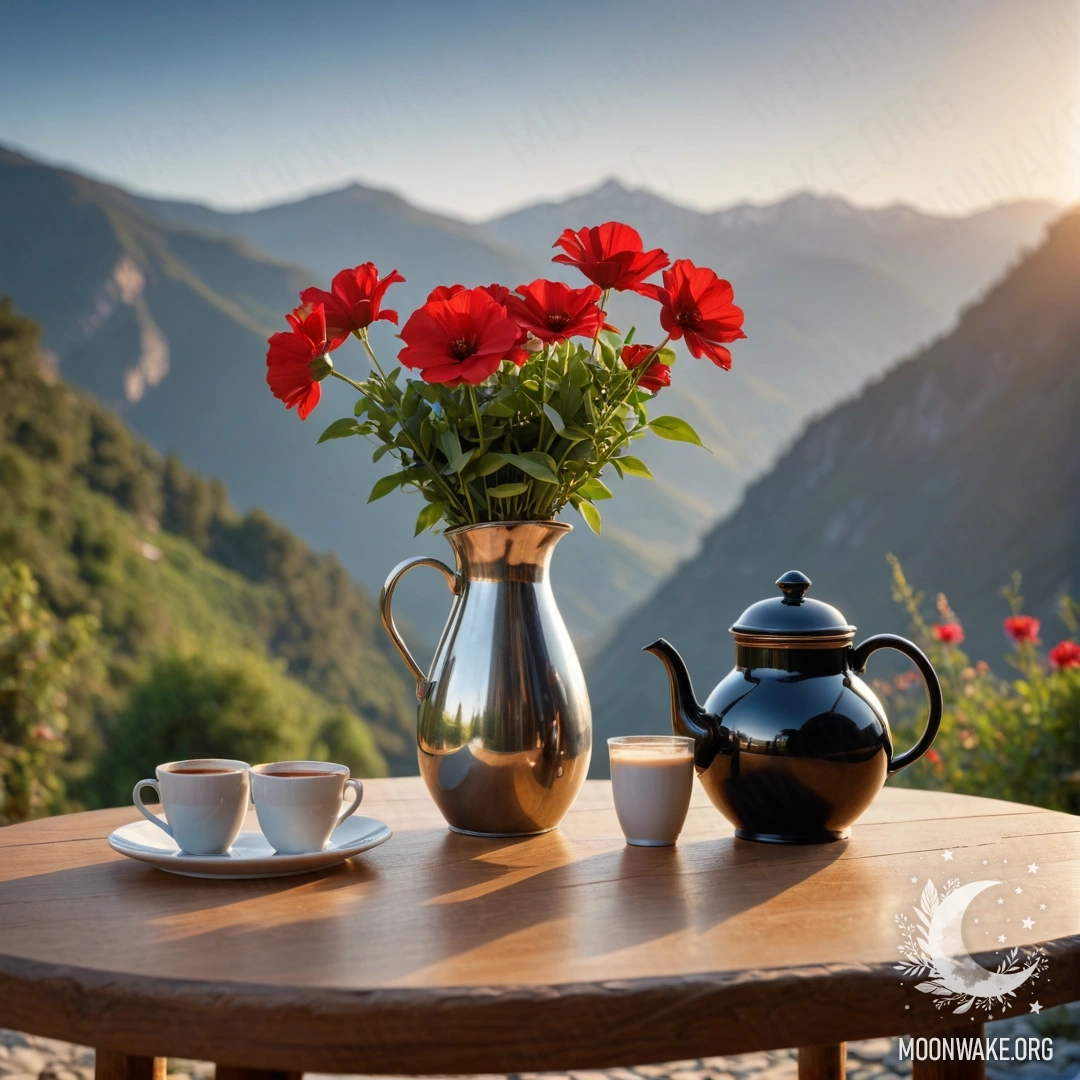Serene Sunset Table with Flowers A peaceful wooden table adorned with a jar of red flowers and coffee utensils, set against a mountainous backdrop during sunset.