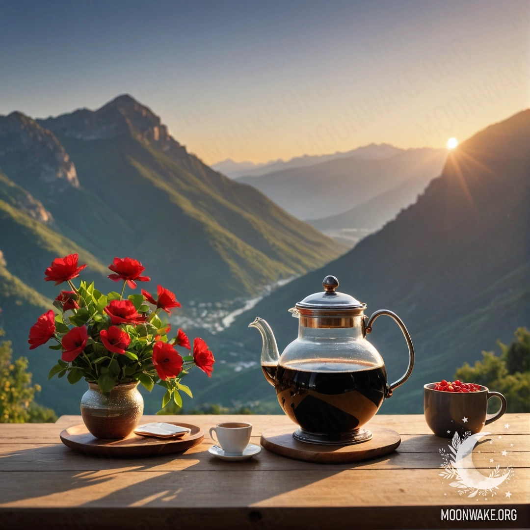 A wooden table adorned with a jar of red flowers, a coffee pot, and cups, framed by majestic mountains during sunset.