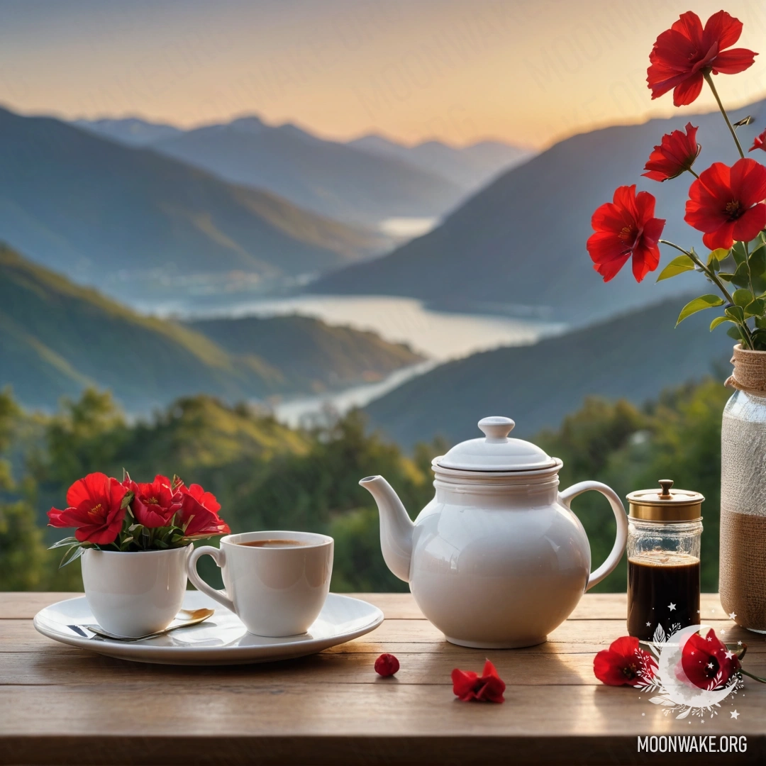 A tranquil wooden table adorned with a jar of red flowers and a coffee pot against a mountainous backdrop during sunset.