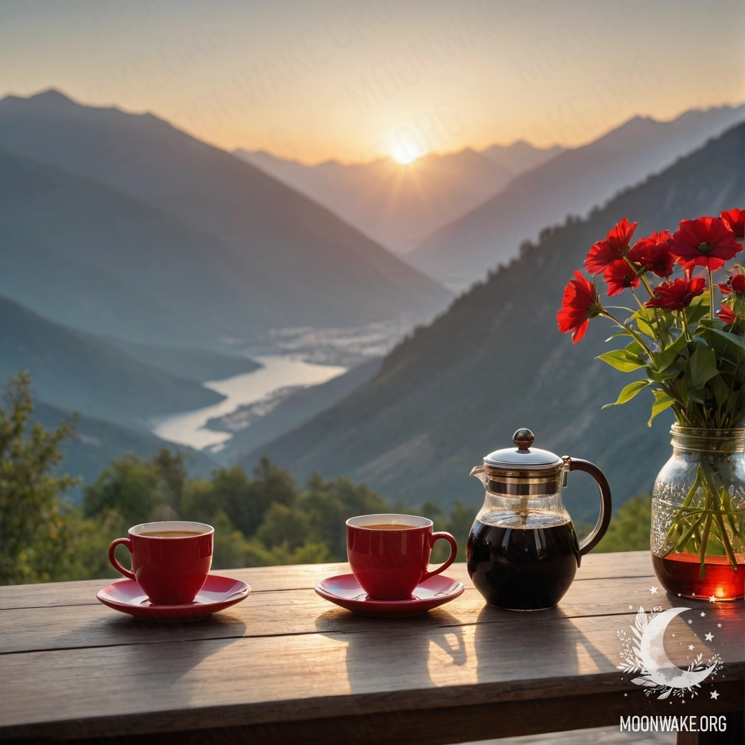 A wooden table with red flowers, coffee pot, and cups against a mountain backdrop at sunset.