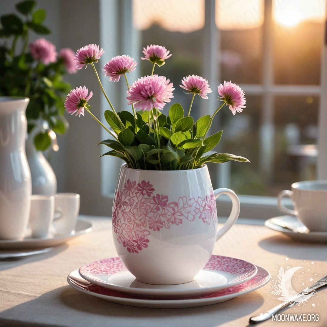 Serene Sunset Tea Setup A round straw napkin with white porcelain cups with a pink pattern and a clover in a white vase on a sunset backdrop.