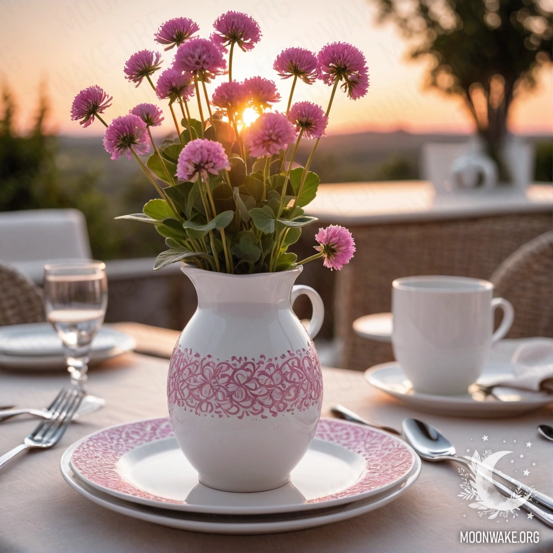 A round straw napkin with white porcelain cups, pink patterns, and a clover in a vase at sunset.