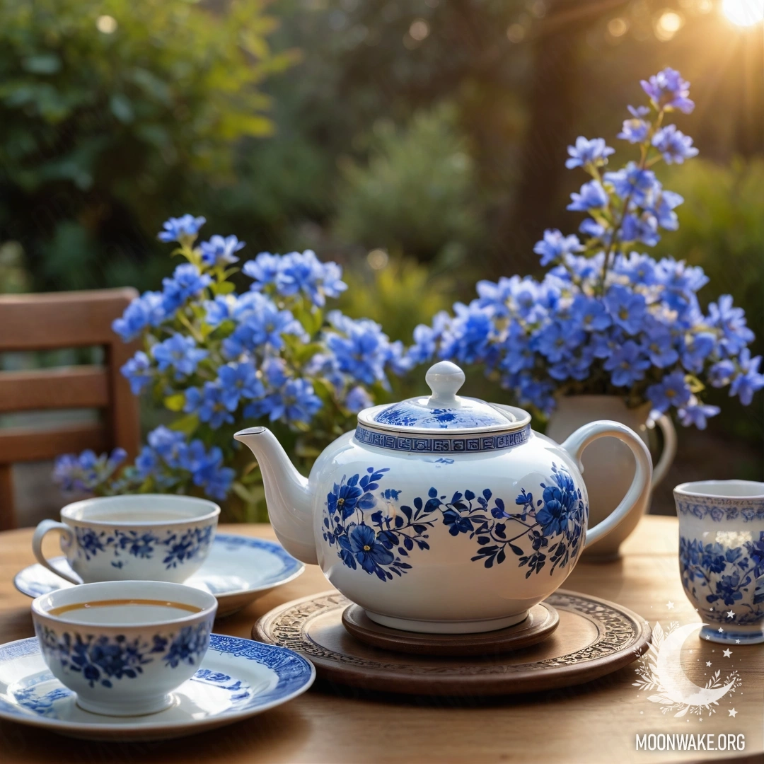 Serene Sunset Tea Time A round wooden table with a porcelain teapot adorned with blue flowers, set against a sunset.