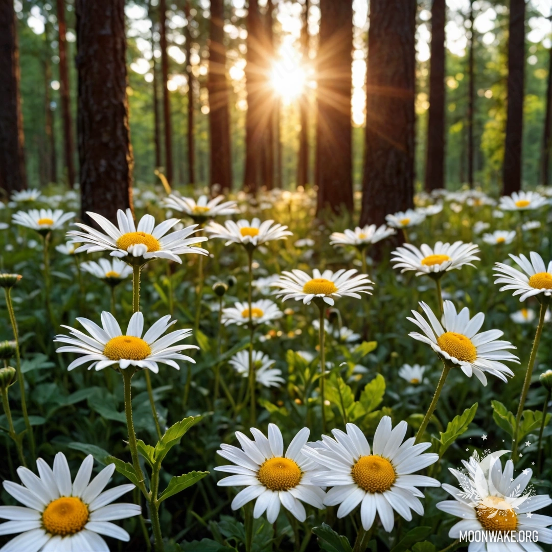 A serene sunset filtering through trees in a peaceful forest, with close-up daisies bathed in moonlight at night.