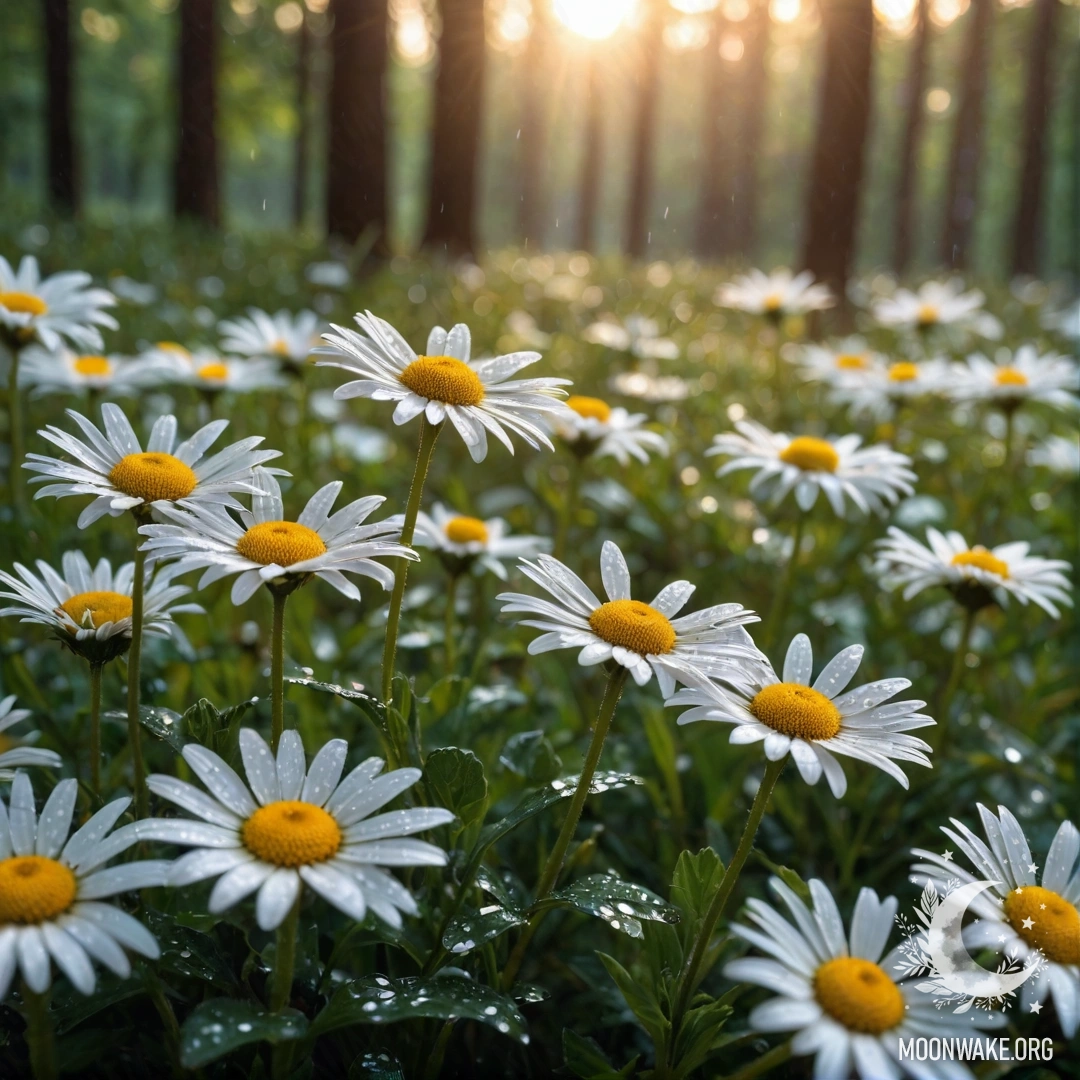 Serene Sunset Through Forest Close-up of daisies under the rain with sunlight filtering through trees in a serene forest scene.